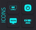 Set Web camera, Computer monitor, Power button and Medal icon. Black square button. Vector Royalty Free Stock Photo