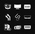 Set Web camera, Computer monitor screen, SSD card, Case of computer, Video graphic, RAM, random access memory, LAN cable Royalty Free Stock Photo