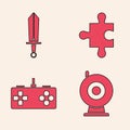 Set Web camera, Sword for game, Piece of puzzle and Gamepad icon. Vector Royalty Free Stock Photo
