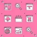 Set Web developer programming code, Magnifying glass with check mark, Search engine, Cloud download, Browser window
