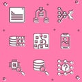 Set Web developer programming code, Server, Data, Neural network, Binary, Mobile phone, Processor CPU and icon. Vector Royalty Free Stock Photo