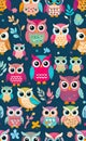 set of web icons of funny little owls, vector illustration, seamless pattern for design and print, smartphone background, Royalty Free Stock Photo