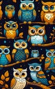 set of web icons of funny little owls, vector illustration, seamless pattern for design and print, smartphone background, Royalty Free Stock Photo
