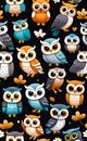 set of web icons of funny little owls, vector illustration, seamless pattern for design and print, smartphone background, Royalty Free Stock Photo