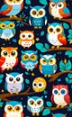 set of web icons of funny little owls, vector illustration, seamless pattern for design and print, smartphone background, Royalty Free Stock Photo