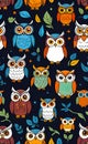 set of web icons of funny little owls, vector illustration, seamless pattern for design and print, smartphone background, Royalty Free Stock Photo