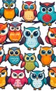 set of web icons of funny little owls, vector illustration, seamless pattern for design and print, smartphone background, Royalty Free Stock Photo