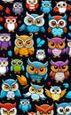 set of web icons of funny little owls, vector illustration, seamless pattern for design and print, smartphone background, Royalty Free Stock Photo