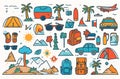 Set of web icons of traveling theme on white, airplane, mountain, palm, map, hiking boots, camera, lounge chair, palm tree, Royalty Free Stock Photo