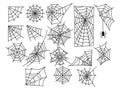 Set of web silhouettes. Spider web collection for halloween. Black and white illustration of elements for decor for the Royalty Free Stock Photo