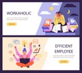 Set of website banner templates about workaholic and efficient employee flat style Royalty Free Stock Photo