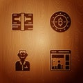 Set Website with growth graph, Stacks paper money cash, Trader and Bitcoin on wooden background. Vector