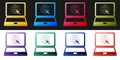 Set Website on laptop screen icon isolated on black and white background. Laptop with globe and cursor. World wide web