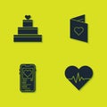 Set Wedding cake with heart, Heart rate, Mobile and Valentines day flyer icon. Vector