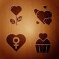 Set Wedding cake with heart, Heart shape in a flower, Heart with female gender and Heart on wooden background. Vector