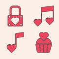 Set Wedding cake with heart, Lock and heart, Music note, tone with hearts and Music note, tone with hearts icon. Vector