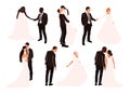 Set of wedding couple grooms and brides in various pose isolated