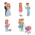 Set of wedding couple, pregnant parents, young family with baby. Royalty Free Stock Photo