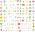 Set of wedding graphic set- wreath, flowers, arrows, hearts, laurel, ribbons and labels, hand drawing vector Royalty Free Stock Photo