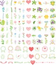 Set of wedding graphic set- wreath, flowers, arrows, hearts, laurel, ribbons and labels, hand drawing vector Royalty Free Stock Photo