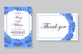 Set of wedding, greeting cards in blue color with a frame of small spring flowers. Periwinkle. Vector stock illustration eps 10.