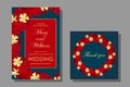 Set of wedding, holiday cards. Frames with small red and gold flowers on a blue background. Eps10 vector stock illustration Royalty Free Stock Photo