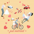 Set of wedding illustrations of a couple and wedding car in cartoon style.