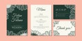 Set wedding invitation card with hand drawn doodle floral daisy flower outline monochrome style vintage retro traditional