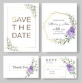 Set of Wedding invitation Card,save the date thank you card,rsvp with floral and leaves, gold border, watercolor style