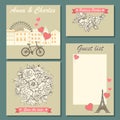 Set of wedding invitation cards and labels with a hand-drawn floral pattern and cute illustration.