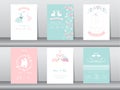 Set of wedding invitation cards,poster,template,greeting cards,animals,rabbits,bears,flamingo,Vector illustrations