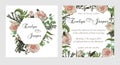 Set for wedding invitation, greeting card, save date, banner. Flowers, leafs, boxwood, brunia and eucalyptus, pink rose. Square,