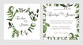 Set for wedding invitation, greeting card, save date, banner. Vintage square, round frame with green fern leaf, boxwo od and