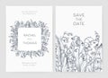 Set of wedding party invitation and Save The Date card templates with Lily of the valley flowers hand drawn with black Royalty Free Stock Photo