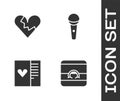 Set Wedding rings, Broken heart or divorce, Postcard with and Microphone icon. Vector Royalty Free Stock Photo