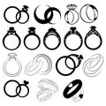 Set of wedding rings. Collection of engagement rings. Black white illustration of jewelry for a wedding. Ring logo