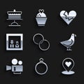 Set Wedding rings, Diamond engagement, Location with heart, Dove, Cinema camera, Family photo, Broken or divorce and Royalty Free Stock Photo