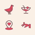 Set Wedding rings on hand, Dove, Cocktail and Location with heart icon. Vector