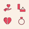 Set Wedding rings, Heart hand, Diamond engagement and Broken heart icon. Vector