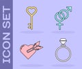 Set Wedding rings, Key in heart shape, Amour with heart and arrow and Gender icon. Vector Royalty Free Stock Photo