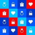 Set Wedding rings, Lock and heart, Gift box and Heart icon. Vector Royalty Free Stock Photo