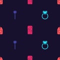 Set Wedding rings, Lollipop, Mobile with heart and Heart tag on seamless pattern. Vector Royalty Free Stock Photo