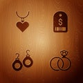 Set Wedding rings, Necklace with heart shaped pendant, Earrings and Price tag dollar on wooden background. Vector