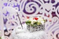 Set of wedding rings in Red and white rose taken closeup. wedding concept. selective focus. flower arrangement box for Royalty Free Stock Photo