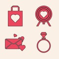 Set Wedding rings, Shopping bag with heart, Heart in the center of darts target aim and Envelope with heart icon. Vector Royalty Free Stock Photo