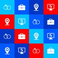 Set Wedding rings, Toolbox, Map pointer with heart and Monitor and shield icon. Vector Royalty Free Stock Photo