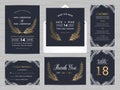 Set of wedding suite template decorate with flowers in navy blue color.