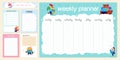 Set of weekly & daily planner page design template for children calendar. Cute hand drawn school animal character. School