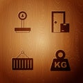 Set Weight, Scale, Container on crane and Home delivery services on wooden background. Vector Royalty Free Stock Photo
