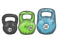 Set of weights for a sports club. Scratch board imitation. Color hand drawn image.